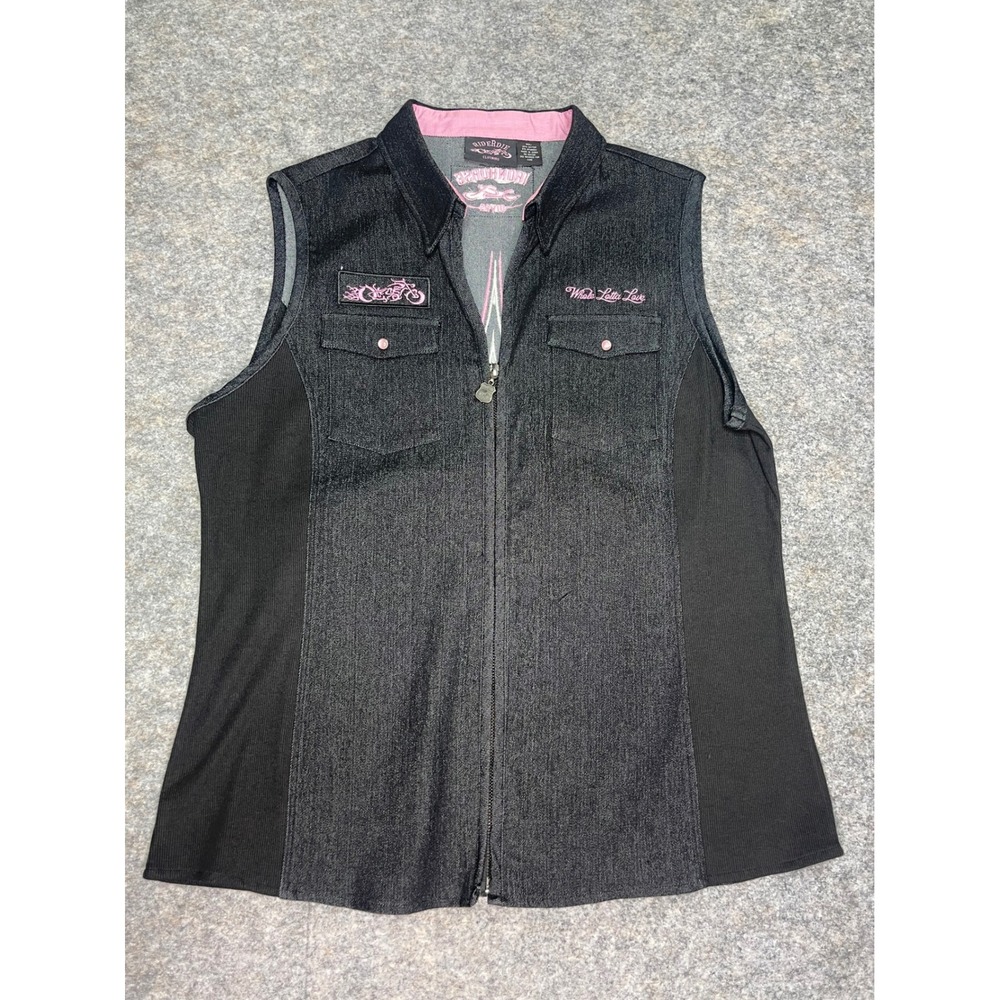 WOMEN'S MOTORCYCLE WHOLE LOTTA LOVE DENIM SLEEVELESS ZIPPERED EMBROIDERED XL‎ - Picture 2 of 10